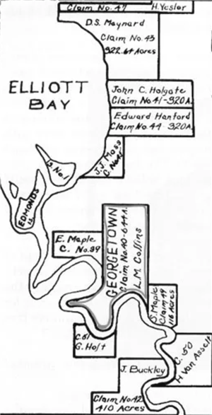 Bird's eye view line drawing of Duwamish River and Elliott Bay with names of land owners and claim numbers written along river.